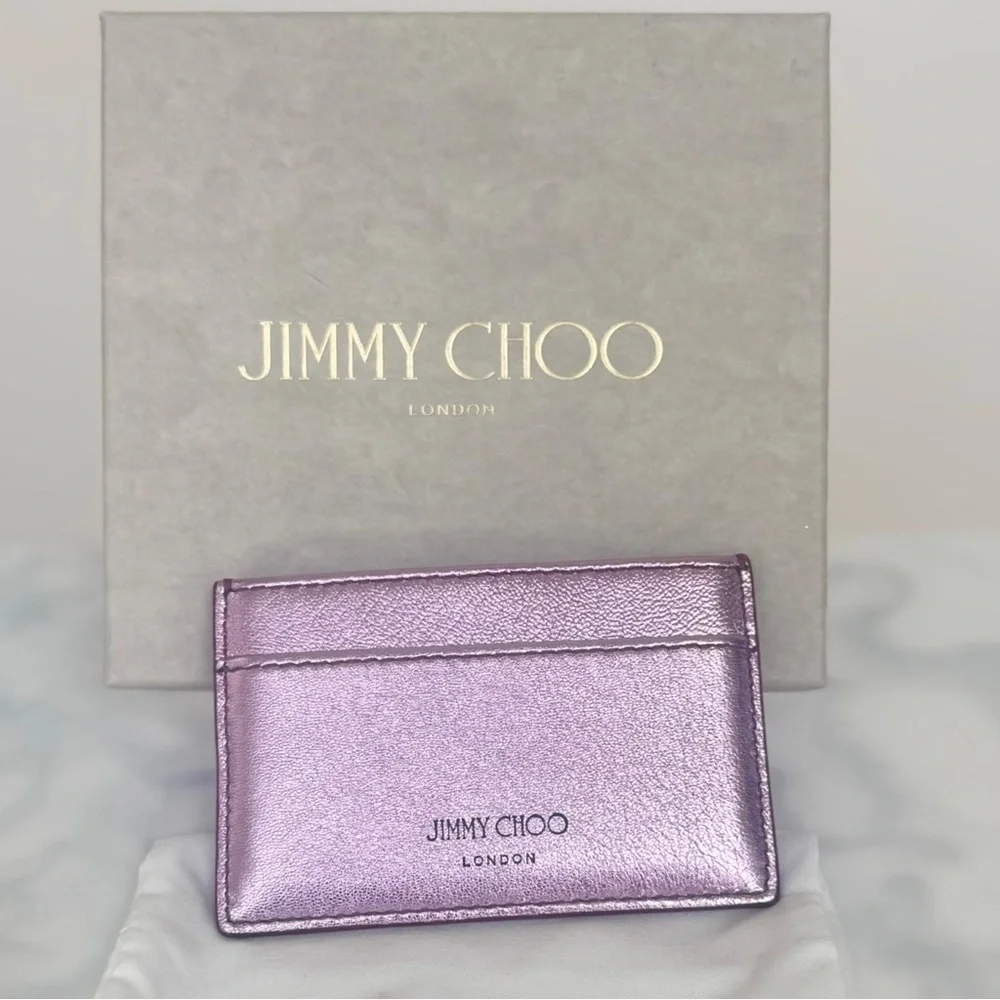 JIMMY CHOO Leather Metallic Lavender Lilac Card Holder logo Wallet NEW